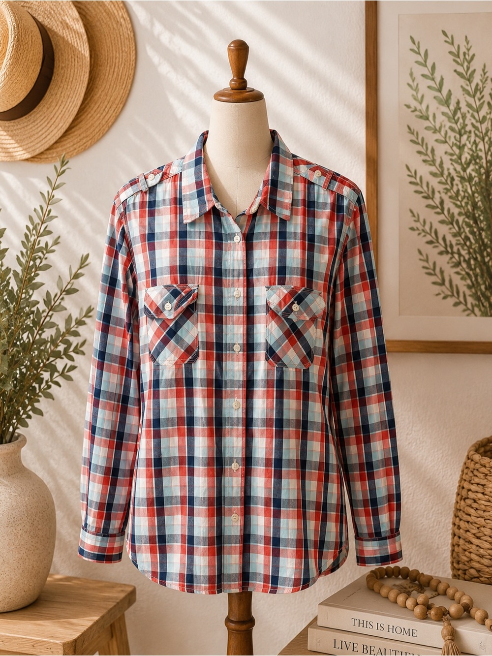 🔥 Red Camel Plaid Button Down Shirt Size L Western Casual Gently Used 🔥